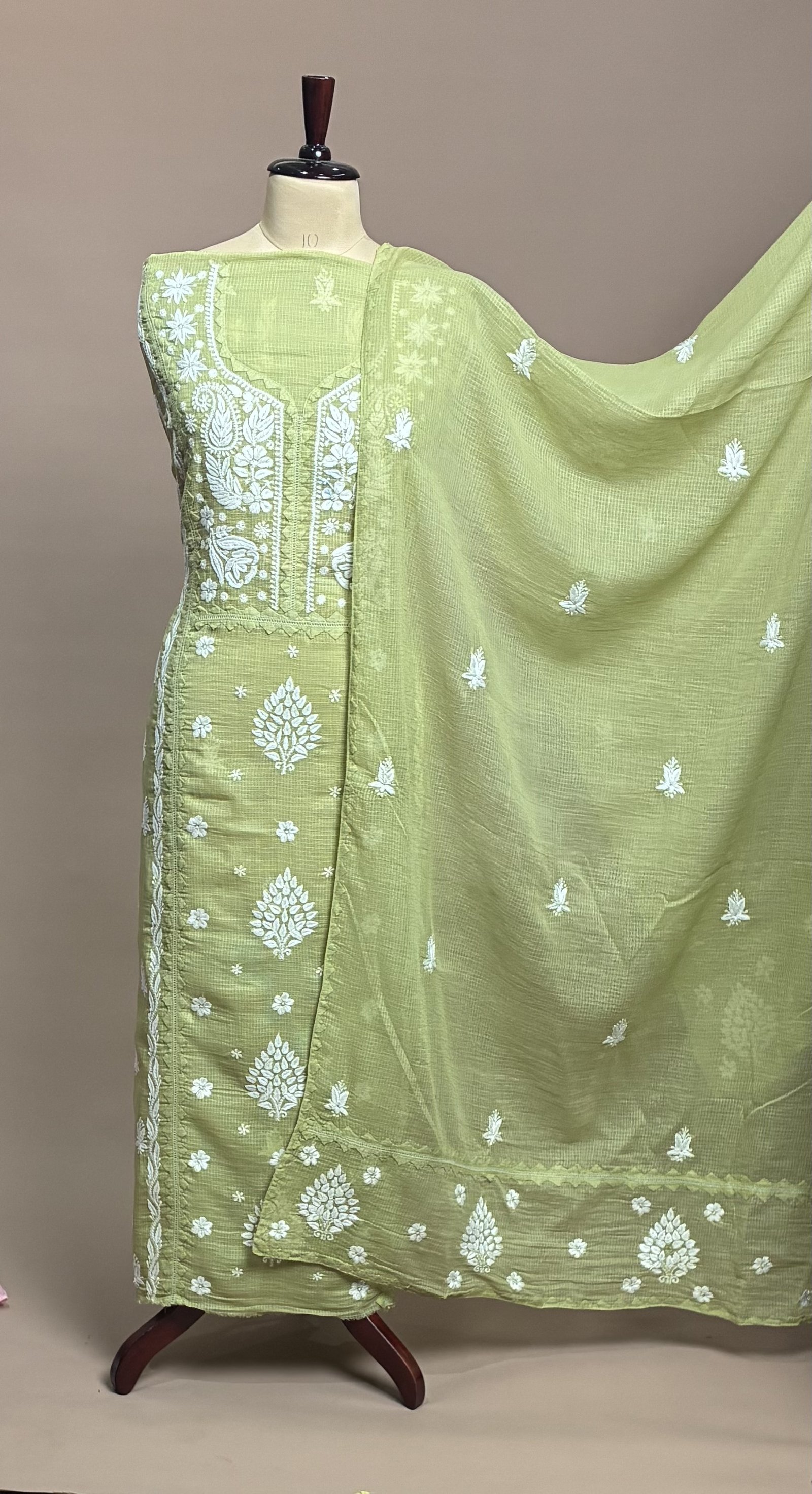 Chikankari Suit Piece - Olive Green
